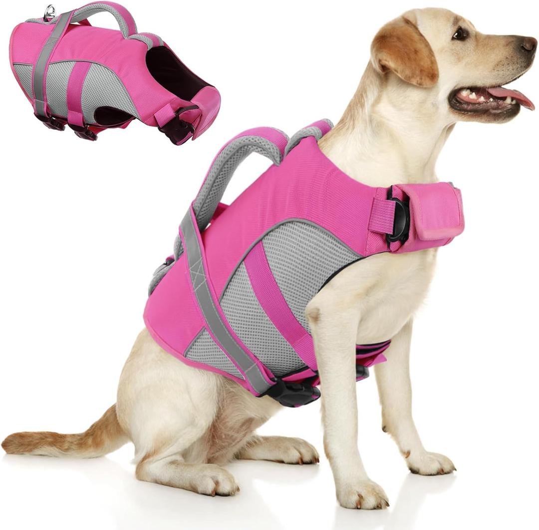 Queenmore Dog Life Vest for Swimming, Adjustable High Visibility Dog Life Jacket with Superior Buoyancy and Rescue Handle, Pink, XS
