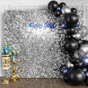 Qcity Silver Shimmer Wall Backdrop 36PCS, Black Back Not See-Through Design, Square Sequin Glitter Backdrop Panel, Perfect for Outdoor Events, Birthdays, Wedding and Party Decoration