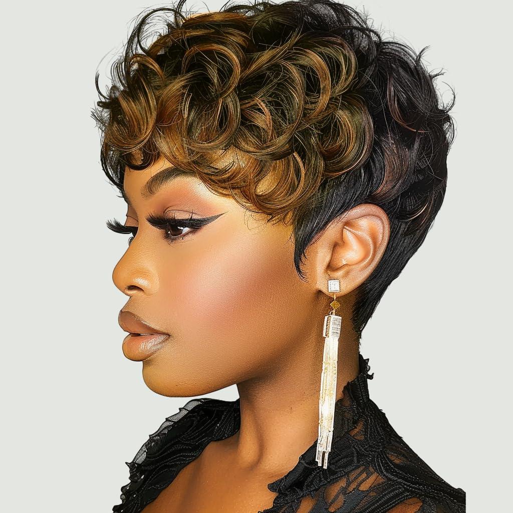 Short Bowl Cut Wig Short Curly Pixie Cut Wigs for Black Women Black Ombre Brown Pixie Curly Wig With Bangs Wig1b/30#, Blackbrown (Black and brown)