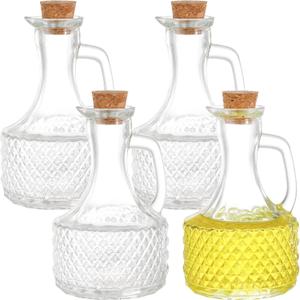 Frcctre 4 Pack Glass Oil and Vinegar Cruets Bottles, 13.5 Ounce Glass Olive Oil Dispenser Bottle with Handle and Cork, Soy Sauce Salad Dressing Syrup Liquid Dispenser for Kitchen