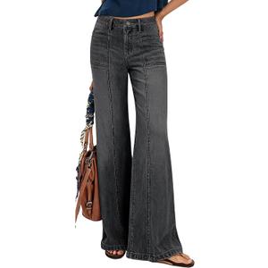 Wide Leg Jeans for Women Trendy High Waisted Flare Jeans Stretchy Baggy Denim Pants with Pockets (Black, XL)
