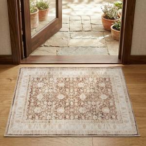 jinchan 2x3 Washable Vintage Floral Rug, Distressed Traditional Entryway Rug, Soft Low-Pile Non-Slip Accent Mat for Indoor Foyer, High-Traffic Kitchen Sink Laundry Room, Taupe