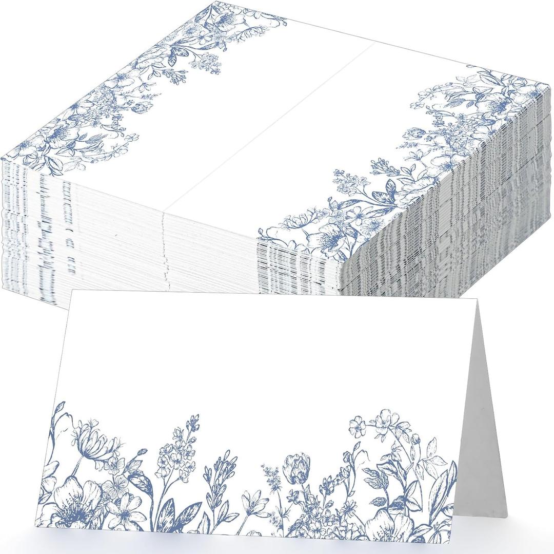 Dunzoom 100 Pcs Blue Floral Place Cards 3.5" x 2" Chinoiserie Blue White Flower Tented Name Card Blank Table Name Sign for Wedding Baby Shower Birthday Party Banquet Table Setting Supplies