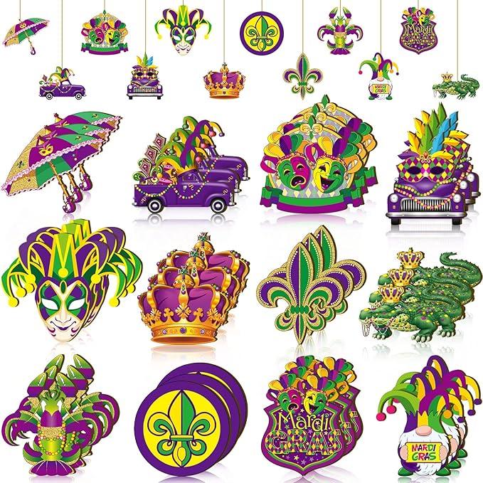 36 PCS Mardi Gras Ornaments Masquerade Mask Sign Mardi Gras Party Decorations Christmas Tree Decorations Hanging Wooden Ornaments or Prom Carnival Masks Celebration Parade Costume Party Favor