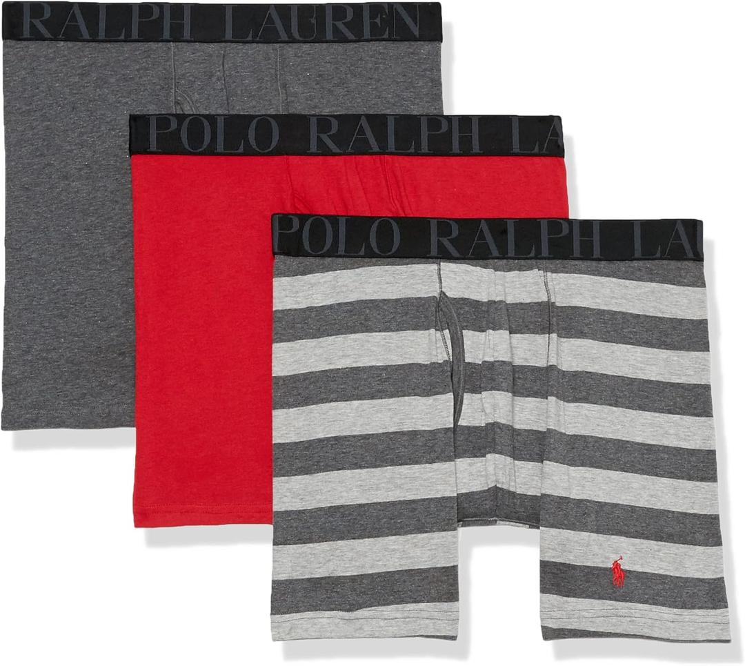 POLO RALPH LAUREN Men's Stretch Classic Fit Boxer Briefs, Trunks & Long Leg, 3-Pack, RL2000 Red/Charcoal Heather & Andover Heather Stripe/Charcoal Heather, Medium