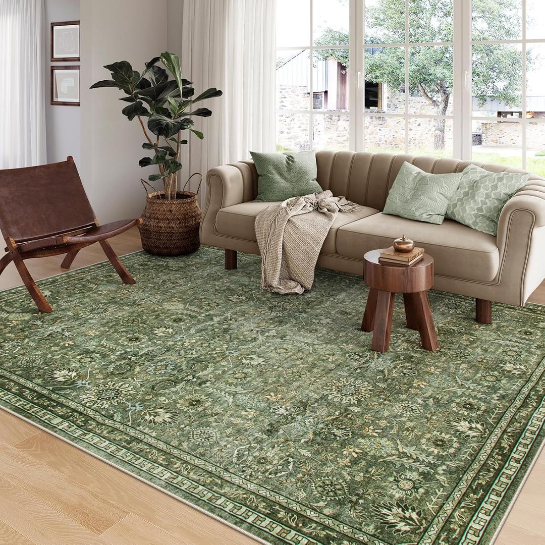 Morebes Boho Green Rugs for Living Room 8x10, Floral Washable Rugs for Bedroom Dining Room Non Slip, Large Soft Low Pile Indoor Floor Carpet for Farmhouse Office