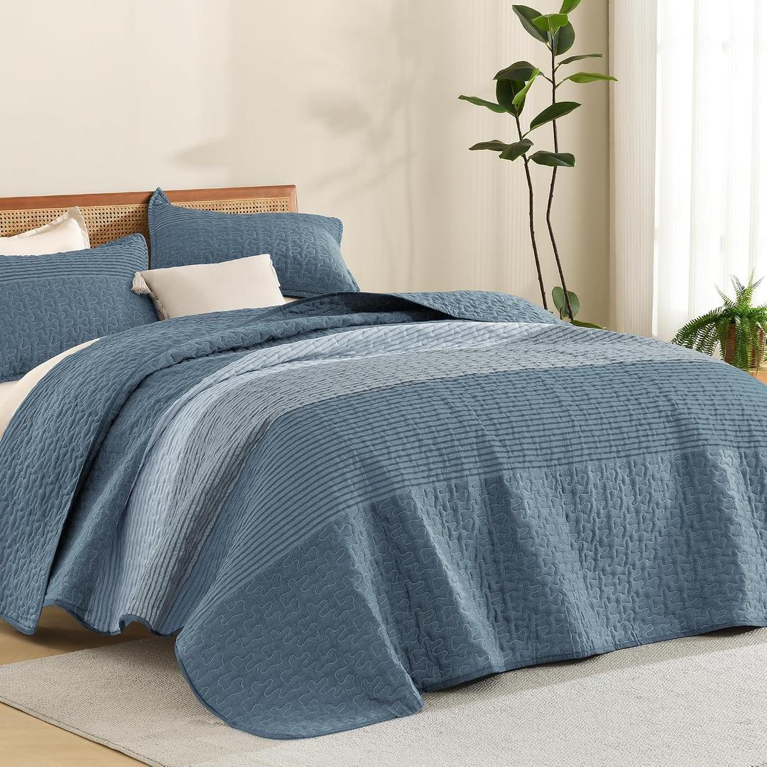 Litanika Super King Quilt, 3 Pcs Blue and Linen Stripe Bedding Set