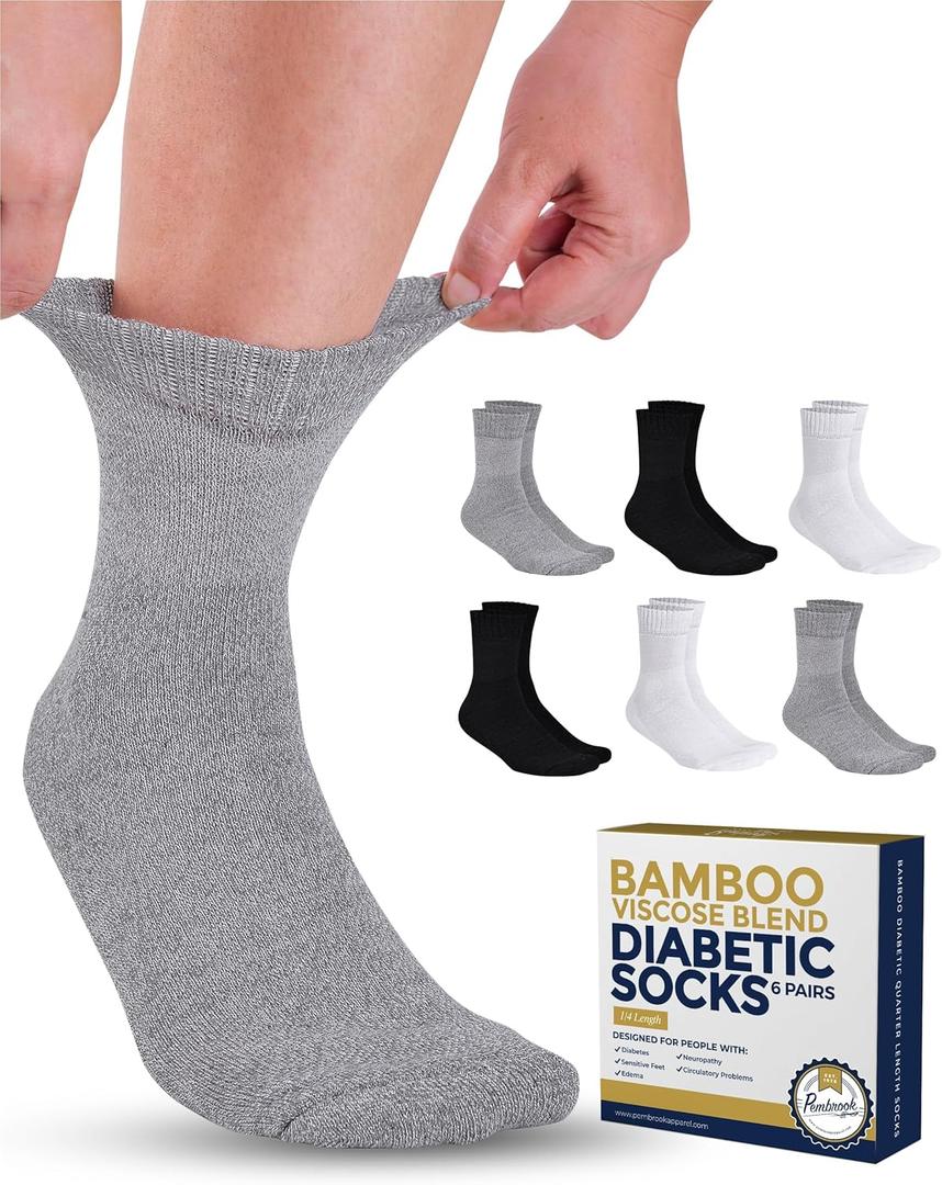 Pembrook Bamboo Viscose Diabetic Socks for Women & Men - 6 Pairs Ankle Stretch Top Mens Diabetic Socks | Neuropathy | Black, Gray, White (Large)