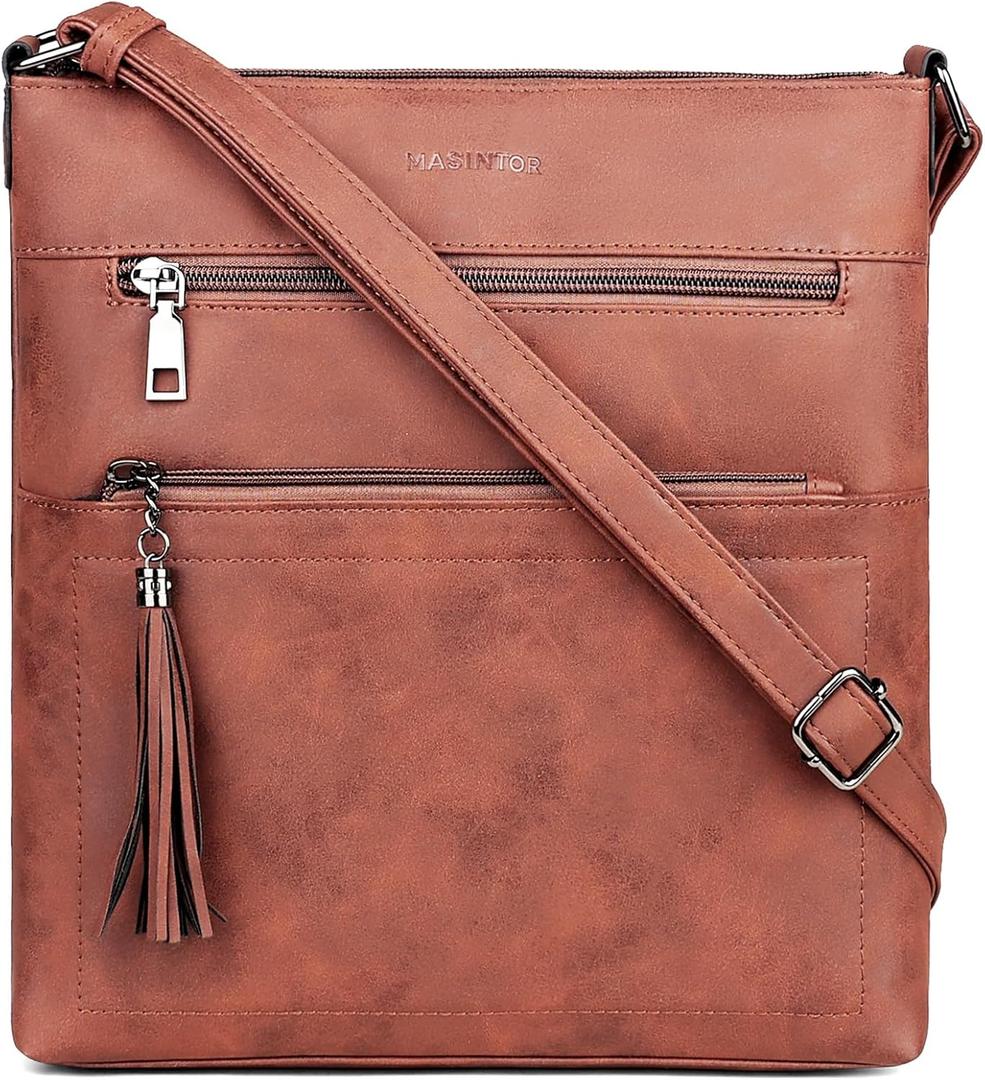 MASINTOR Crossbody Purses for Women, Multi Pocket Casual Crossbody Bag, Adjustable Strap Shoulder Bag with Tassel (Retro Red Coffee)