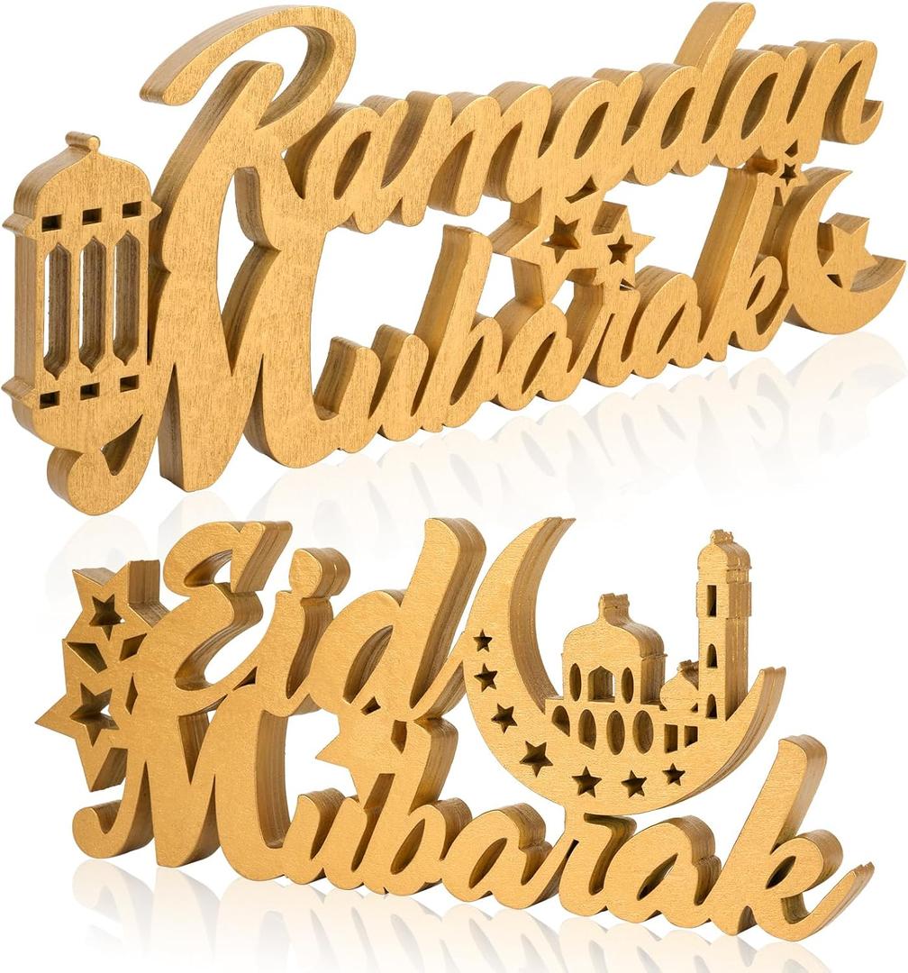 COCHIE 2 Pcs Islamic Tabletop Decors Ramadan Mubarak Wood Sign Eid Mubarak Wooden Table Centerpiece Ramadan Decorations for Home Islamic Home Decor
