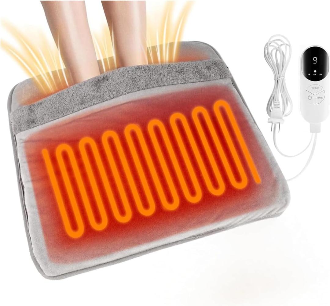 Electric Heated Foot Warmer for Men and Women, Double Sided Foot Heating Pad with 9 Heat Levels & 3 Timers, Foot Heater Feet Warmer Under Desk, Bed, Office, Home Use(Grey)