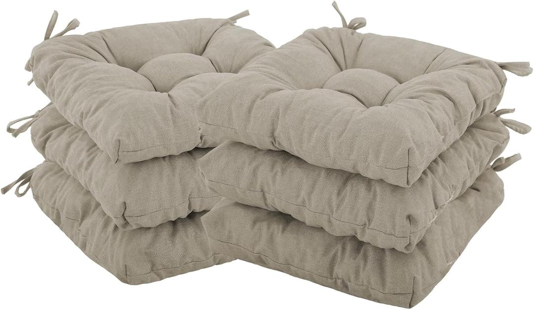 Chair Cushions for Dining Chairs Set of 6, U-Shaped Kitchen Chair Cushions Pads Bar Stool Seat Cushion with Ties and Non Slip Backing, Tufted Seat Pad for Indoor Dining Room, 15.5" x 15.5", Beige