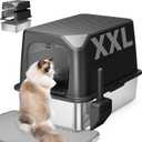 Stainless Steel Cat Litter Box with Lid, Extra Large, Great for Large & Small Cats, Easy to Clean, Anti-Leakage, Non-Sticky, Multifunctional 2 in-1 Metal Cat Litter Box - Black