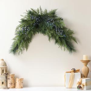 Giegxin 32" Christmas Artificial Juniper Swag Blueberries Crescent Front Door Decoration Mailbox Swag Pine Cedar Xmas Juniper Swags for Windows Wall Mantel Fireplace Table Stair Decor Indoor Outdoor
