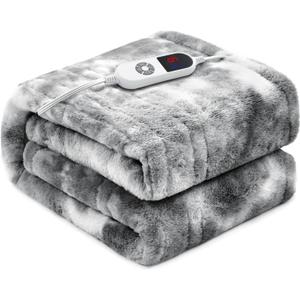 Electric Heated Blanket 50"x60",Luxury Grey Faux Rabbit Fur Electric Throw Blanket,Fast Heating Soft Fluffy Thick Electric Blanket with 6 Heating Levels & 12H Auto Off