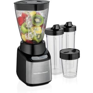 Hamilton Beach MultiBlend Smoothie Blender with 4 Shatterproof BPA Free Jars and Lids; Large 32oz Jar, 8oz Grinder for Nuts & Spices, and 2 Portable Travel Cups, 650 Watts, Black and Stainless (52400)