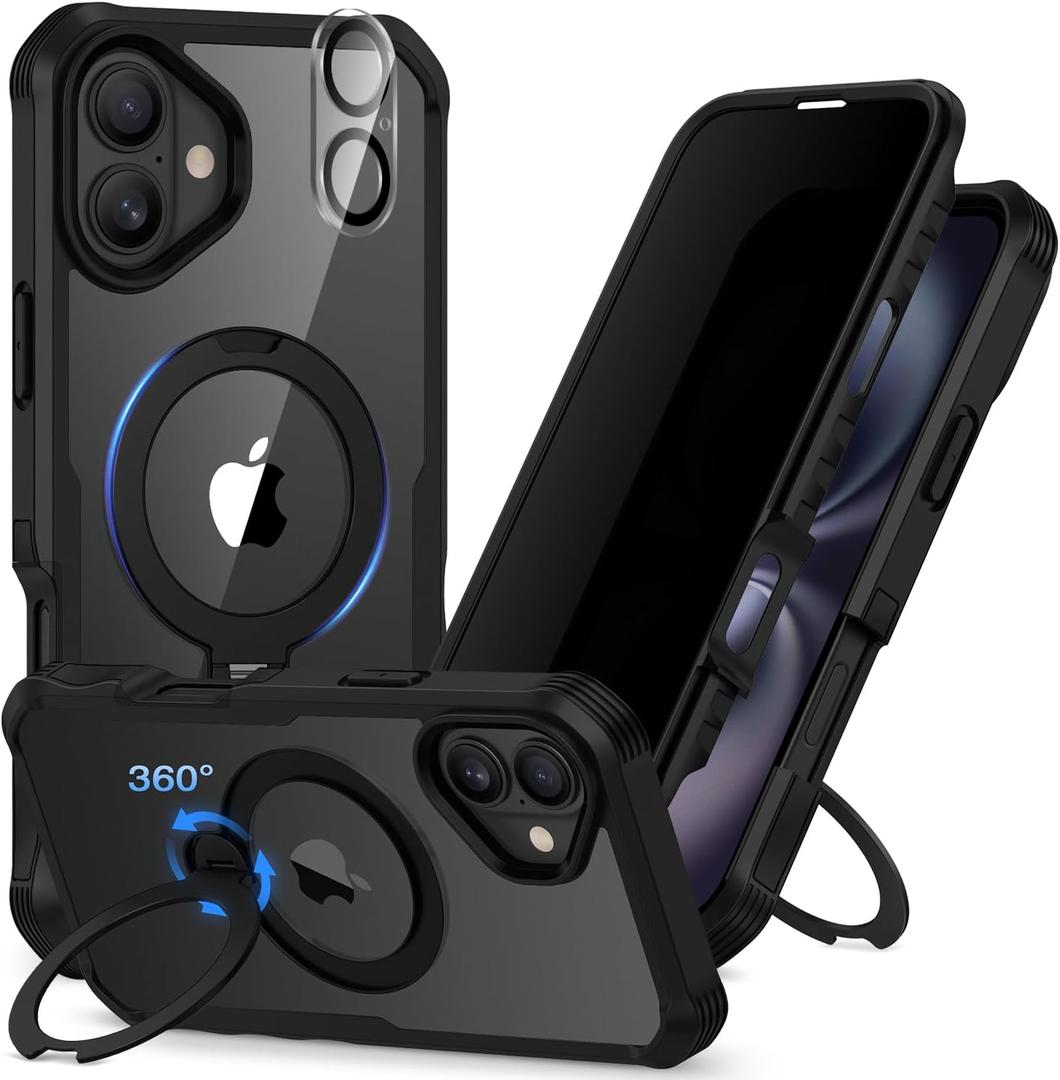 CENHUFO Privacy for iPhone 16 Case [Compatible with Magsafe] Full Body Phone Case Built-in 9H Tempered Glass Privacy Screen Protector and 360 Spin Magnetic Stand Ring, Camera Lens Cover - Black