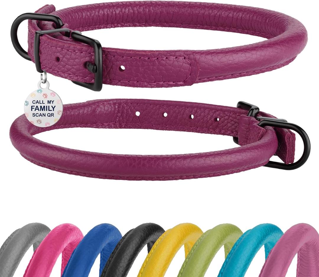 Rolled Leather Dog Collar Soft Round Design Prevents Tangling & Matting with ID Tag for Dogs (11-14 inch, Pink Berry)