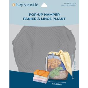 Key & Castle Pop-Up Laundry Hamper, 14x14x23 inches, Collapsible Mesh with Side Pocket, Heavy-Duty Handles