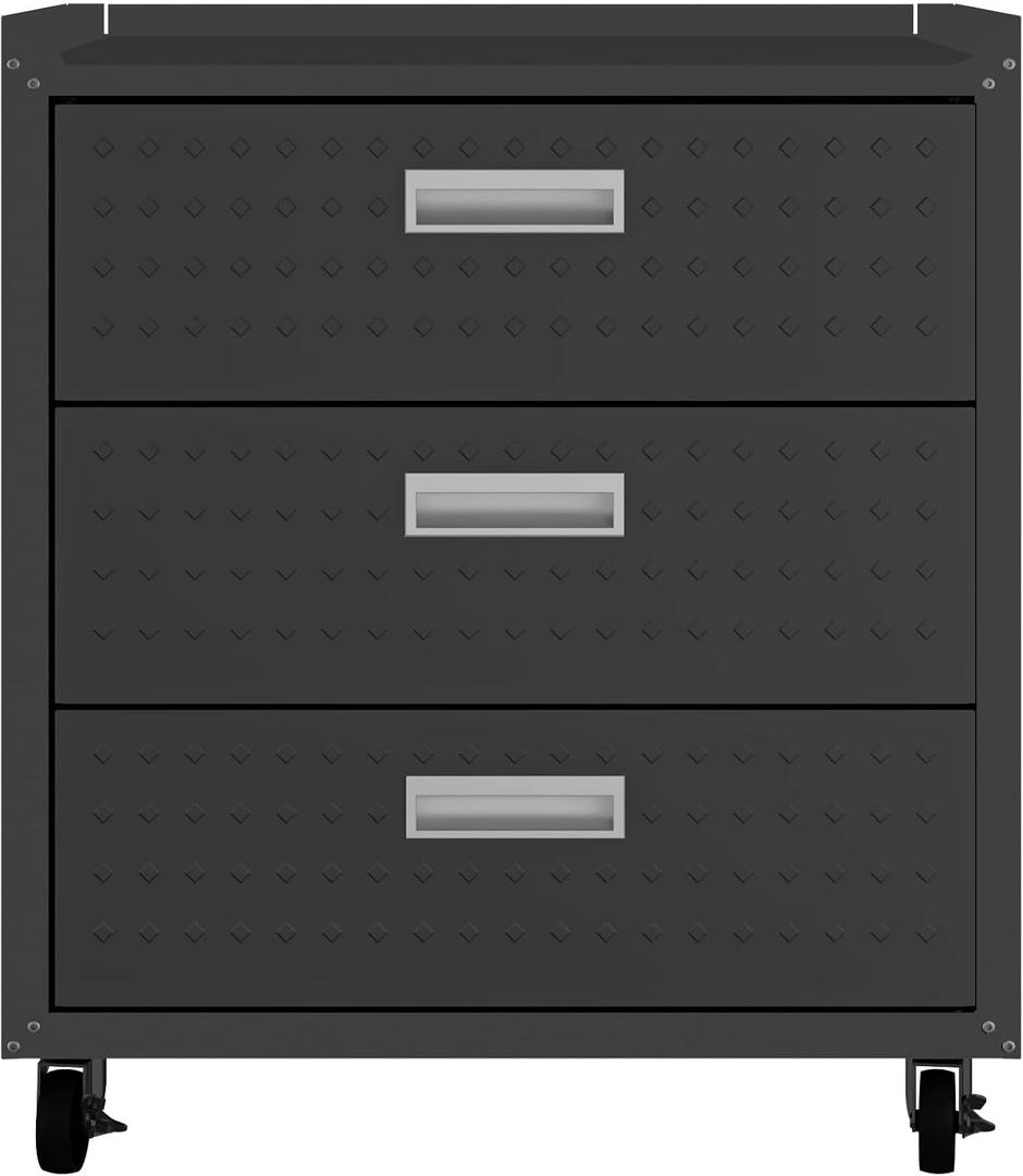 Manhattan Comfort Fortress Textured Metal 31.5" Garage Mobile Chest with 3 Full Extension Drawers in Charcoal Grey