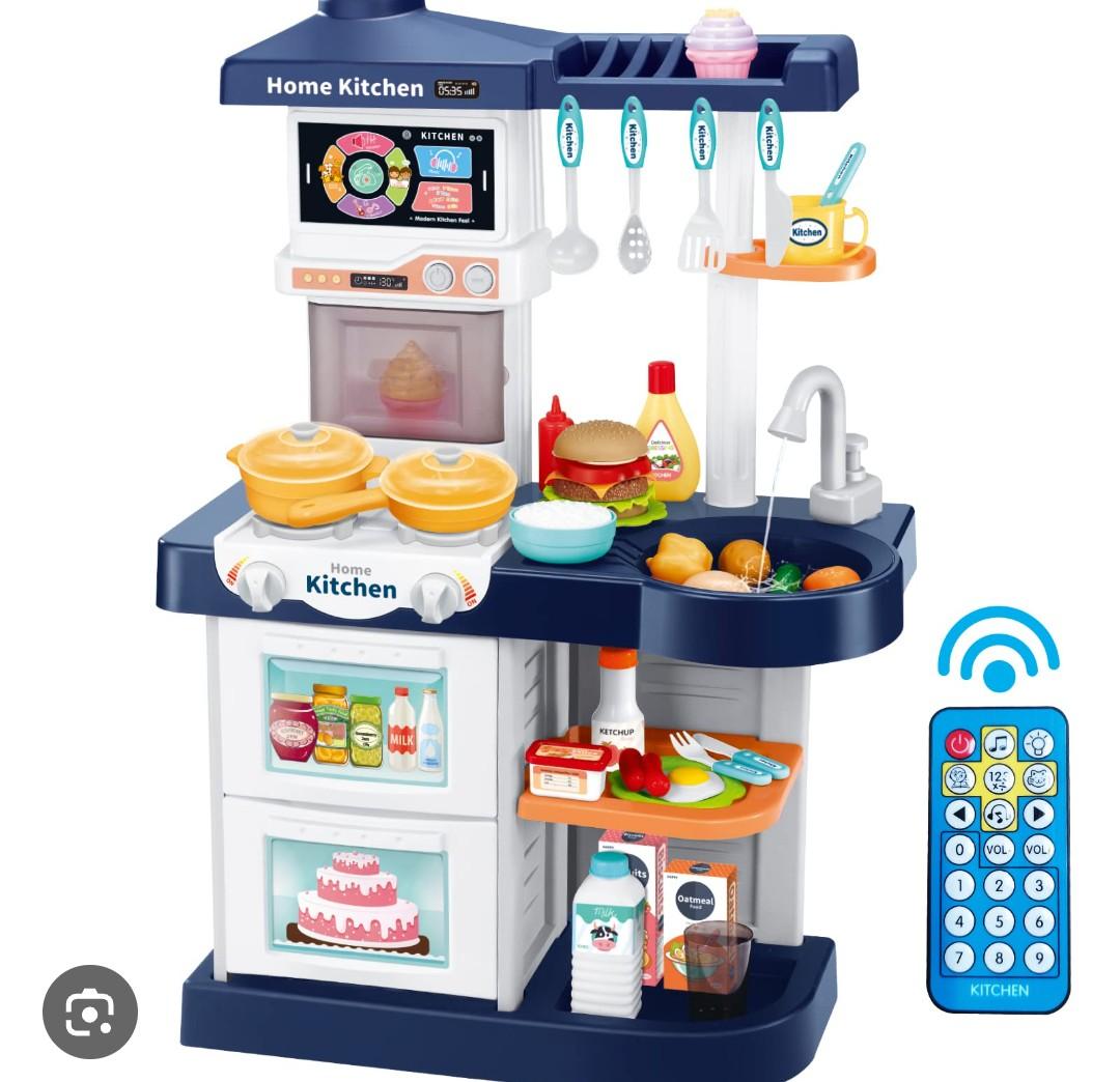 Kids Play Kitchen Playset, Toy Kitchen with Remote Control Lights and Music,Pretend Steam and Play Sink, Pink Kitchen Accessories Set for Kid, Toddler Birthday for Boy Girls