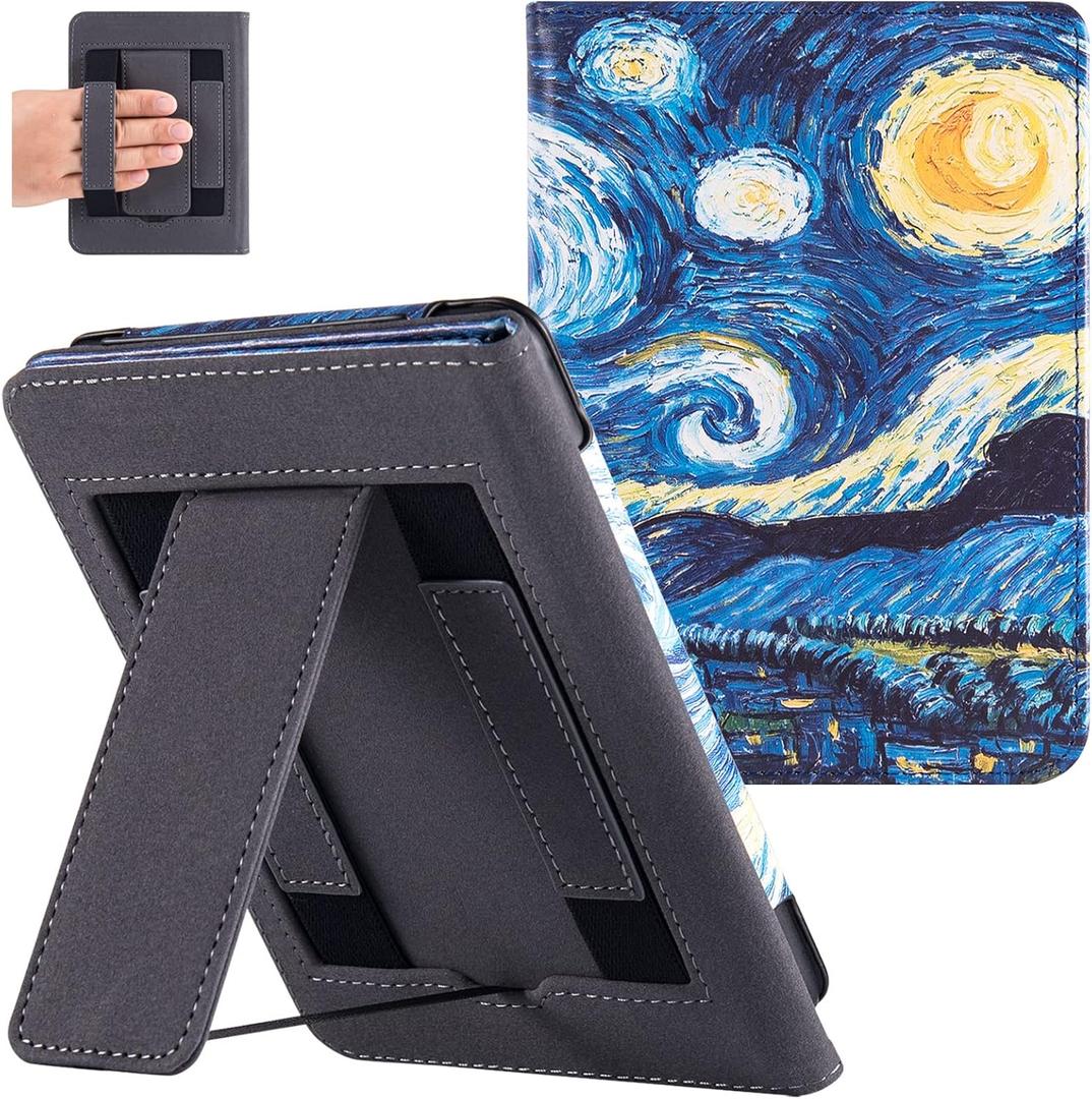 BOZHUORUI Stand Case for 6" Kindle 11th/12th Generation Basic e-Reader (2022/2024 Release) - Premium PU Leather Sleeve Cover with Two Hand Straps and Auto Sleep/Wake, Starry Night