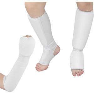 Cozypower 2 Pairs Taekwondo Sparring Gear for Kids Shin Guards and Fist Forearm Guards Protector Hand Foot Padded Arm Sleeves for Martial Arts MMA Karate Muay Thai White