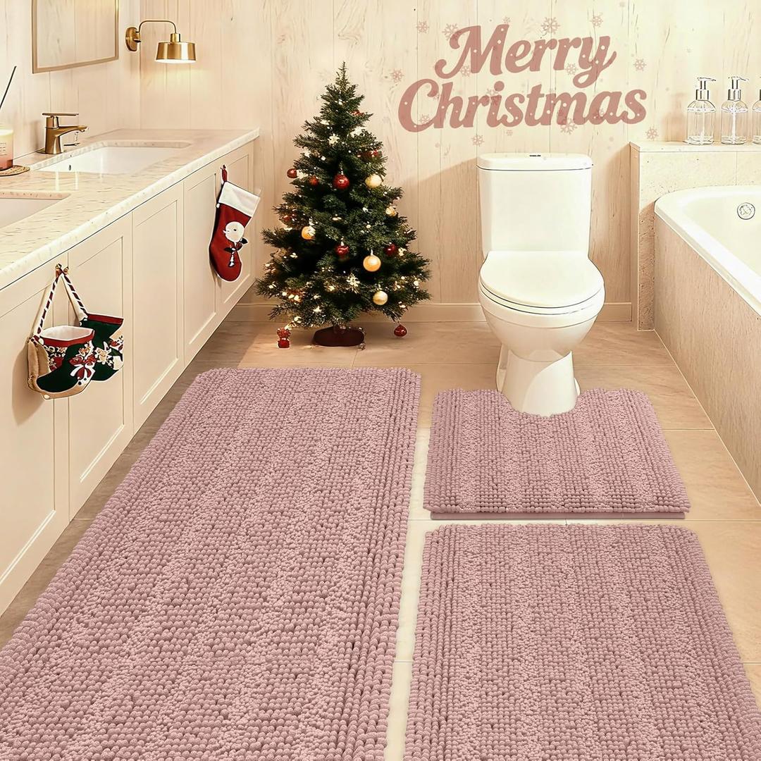 Striped Dusty Pink Bathroom Rug Set 3 Pieces Ultra Soft, Non Slip Chenille Bath Carpet, Absorbent Plush Shaggy Bath Mats for Bathroom, Toilet, Bedroom, Kitchen