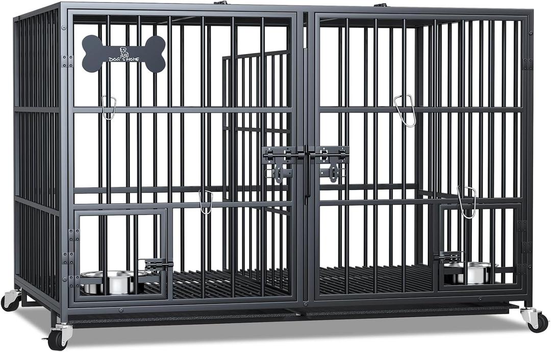 aboxoo 48/42 inch XL Dog Crate for Large Dog/Double Medium Dogs,Heavy Duty Metal Dog Cages,All Metal Open Top,Dog Kennel Indoor with Wheels,Floor Grid, Tray, Divider and Feeding Bowl