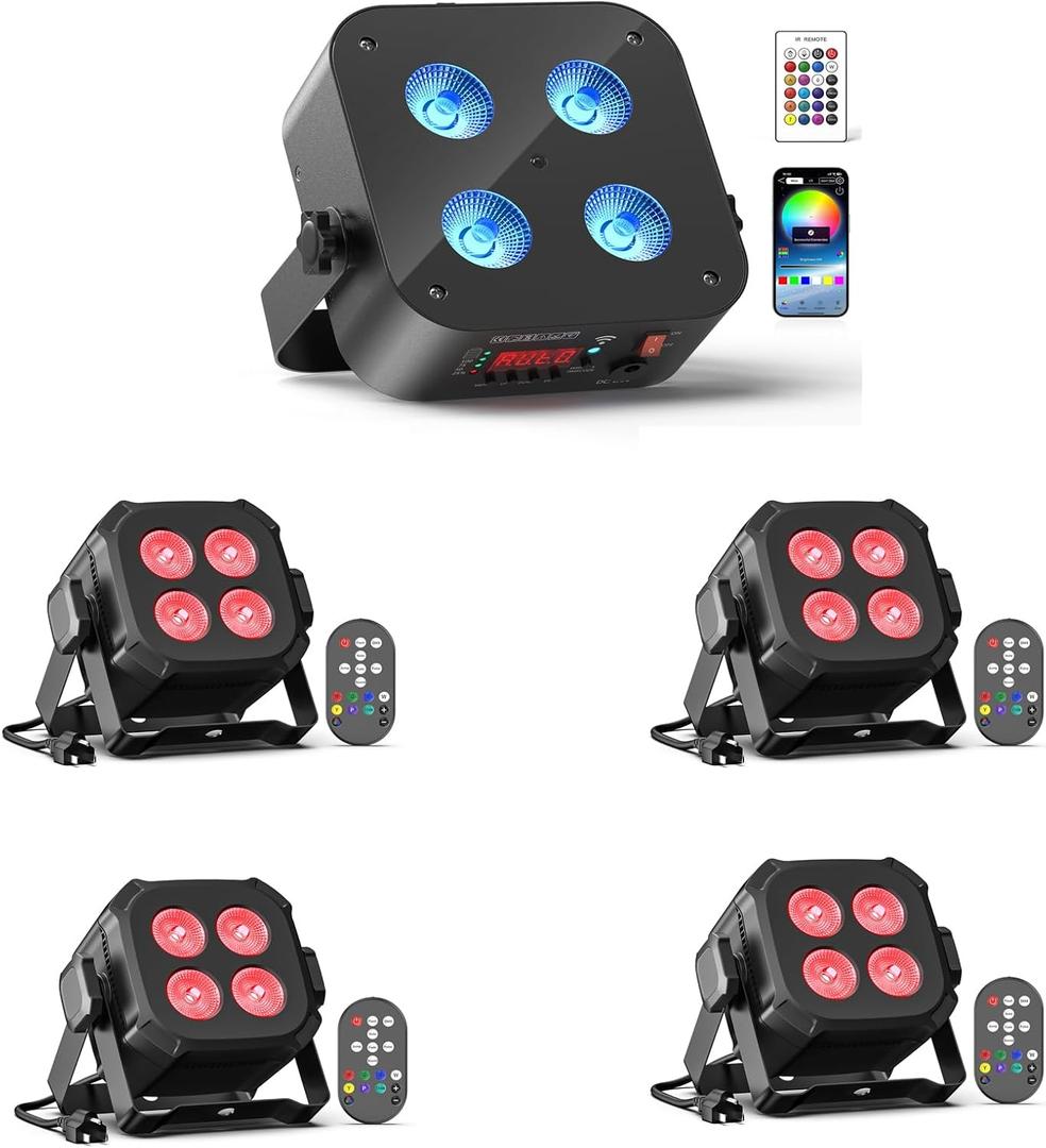 Mini Rechargeable Par Lights, 4 * 18W RGBWA UV 6 in 1 Battery Powered Upights, APP & Wireless DMX & Remote Control Stage Lights & Lightweight RGBW 4 in 1 LED Stage Lights