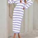 Saodimallsu Womens Crochet Summer Maxi Dress Striped Sexy Cut Out V Neck Long Sleeve Knit Cover Up Beach Dresses (Purple)