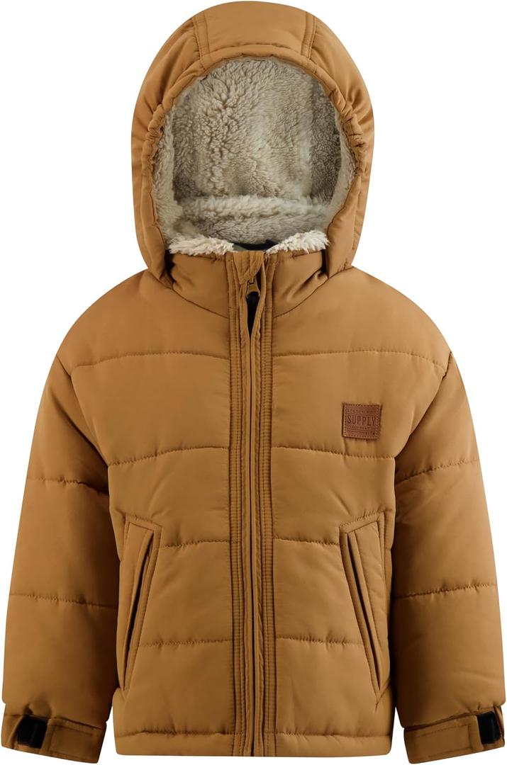 LONDON FOG Baby Boys' Heavyweight Puffer Jacket Fleece-Lined Brushed Microfiber Winter Coat (Beige), Size: 24M