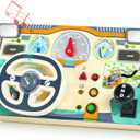 Busy Board Montessori Toys for 1 2 3 Year Old, Wooden Toddler Sensory Toy Busy Board with LED Lights Sound Switch, Toddlers Activity Travel Toy, Steering Wheel Toddler Toys Christmas Gift for Boy Girl