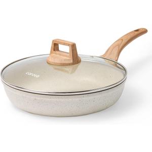 CAROTE 8 Inch Non Stick Frying Pan with Lid,White Granite Nonstick Skillet Omelet Pans, Egg Pan Granite Cookware, PFOS & PFOA Free