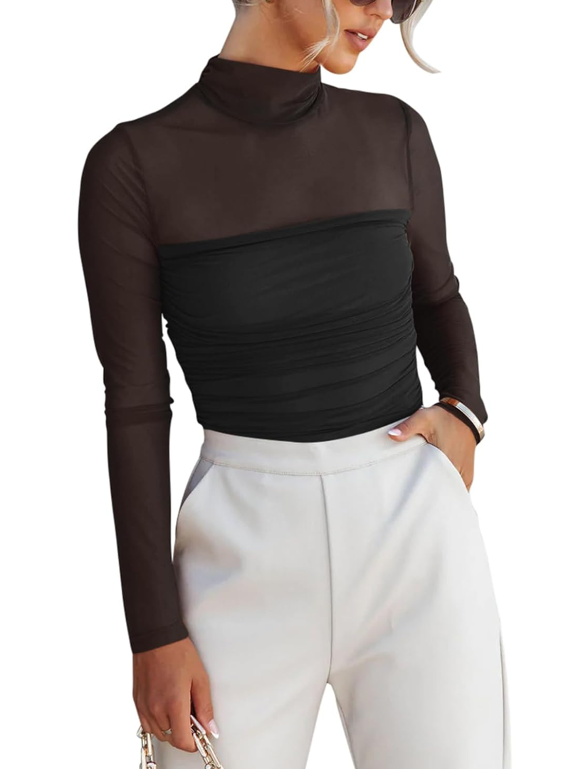 REORIA Women’s Trendy Sexy Mock Turtle Neck Long Sleeve Sheer Mesh Ruched Going Out Bodysuits Tops, Size L