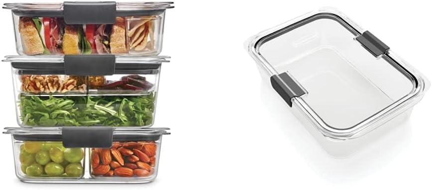 Rubbermaid Brilliance Food Storage Containers with Lids, Airtight, for Lunch, Meal Prep, and Leftovers, Set of 3 with Removable Trays | Large 9.6 Cup Container