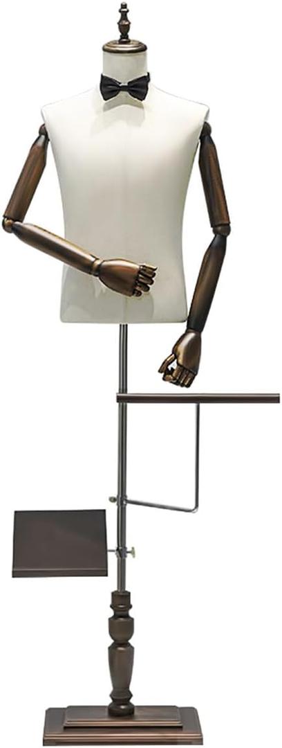 Male Mannequin Torso Dress Form Mannequin Body with Stand Solid Wood Arm, 73" Height Adjustable Clothing Manikin for Market Shop Window Display, Detachable Shoe Holder & Pants Rack, With Arm-large