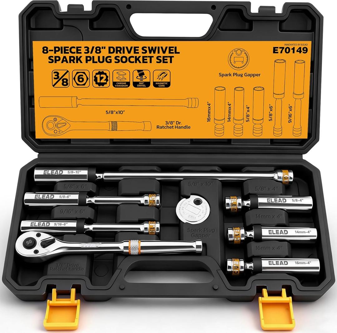 ELEAD 8-Piece 3/8" Drive Magnetic Swivel Spark Plug Socket Set, 5/8", 9/16", 14mm, 16mm, Include Ratchet Handle & Spark Plug Gapper, 6 & 12 Point CR-V Spark Plug Removal Tool