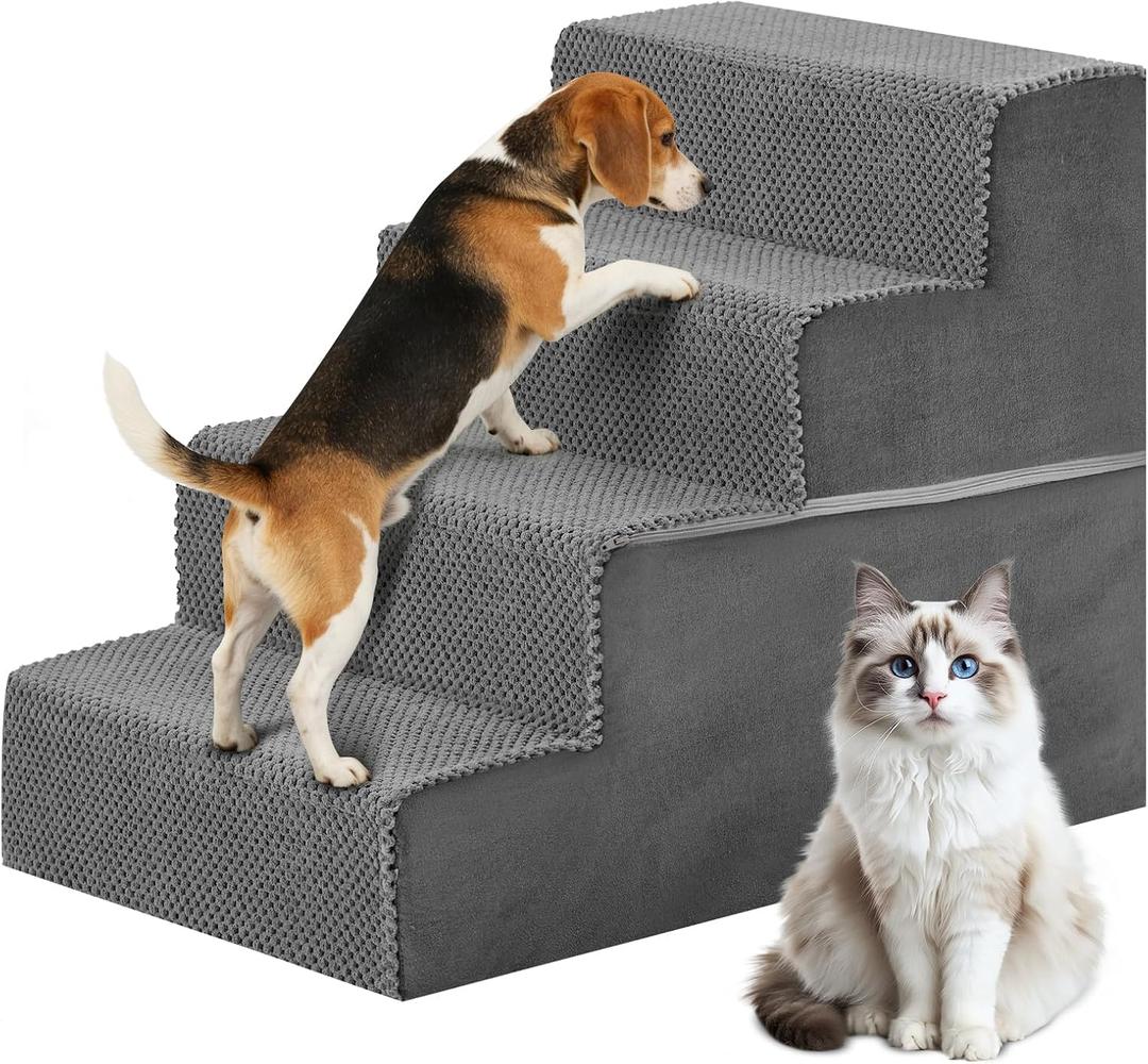 DUMOS Dog Stairs for Small and Medium Dogs, 4-Step Pet Steps with High-Density Foam, Indoor Non-Slip Pet Ramp for Puppy and Older Dogs Cats, Dog Bed Stairs for Couch and Sofa, Grey (Straight-18.11"H)