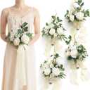 Ling's Moment Artificial Flowers White Bridesmaid Bouquet Set of 4, White & Sage Wedding Flowers Bouquets for Bridesmaids, 7 Inch Bridal Bouquets for Bridesmaids, Wedding, Ceremony, Anniversary, etc (Wht-white & Ivory)