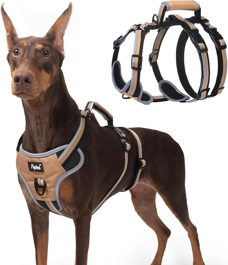 PUPTECK Escape Proof Dog Harness with Padded Handle, No Pull Pet Vest Harness Durable Reflective for Medium Large Dogs Walking Training and Running, Moccasin, L