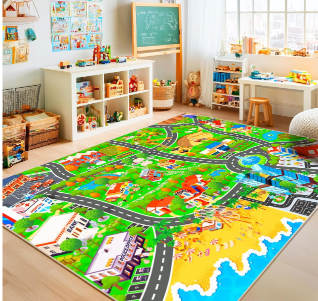 Pionblank Kids Car Rug for Playroom Classroom, Town City Life 5x7 Area Rugs Playmat,Non Slip Washable Trucks Track Carpet for Boys Girls