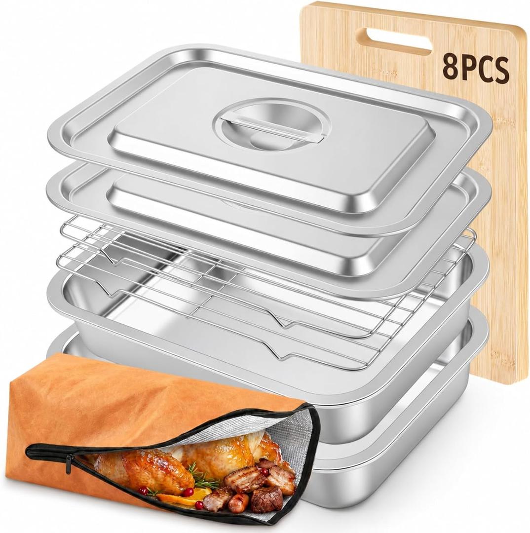 Hushee 8 Pcs Grill Prep and Serve Trays, Stainless Steel BBQ Set, Large