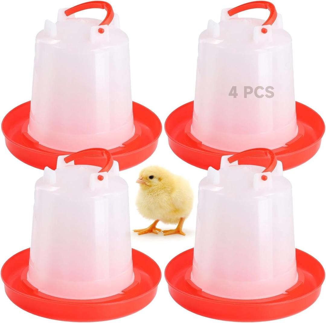 4 Pcs Chick Waterers, 2.5 L Poultry Water Feeders, Poultry Drinkers with Handle, Heavy-Duty Plastic Poultry Water Containers for Chickens, Turkeys, Ducks and More