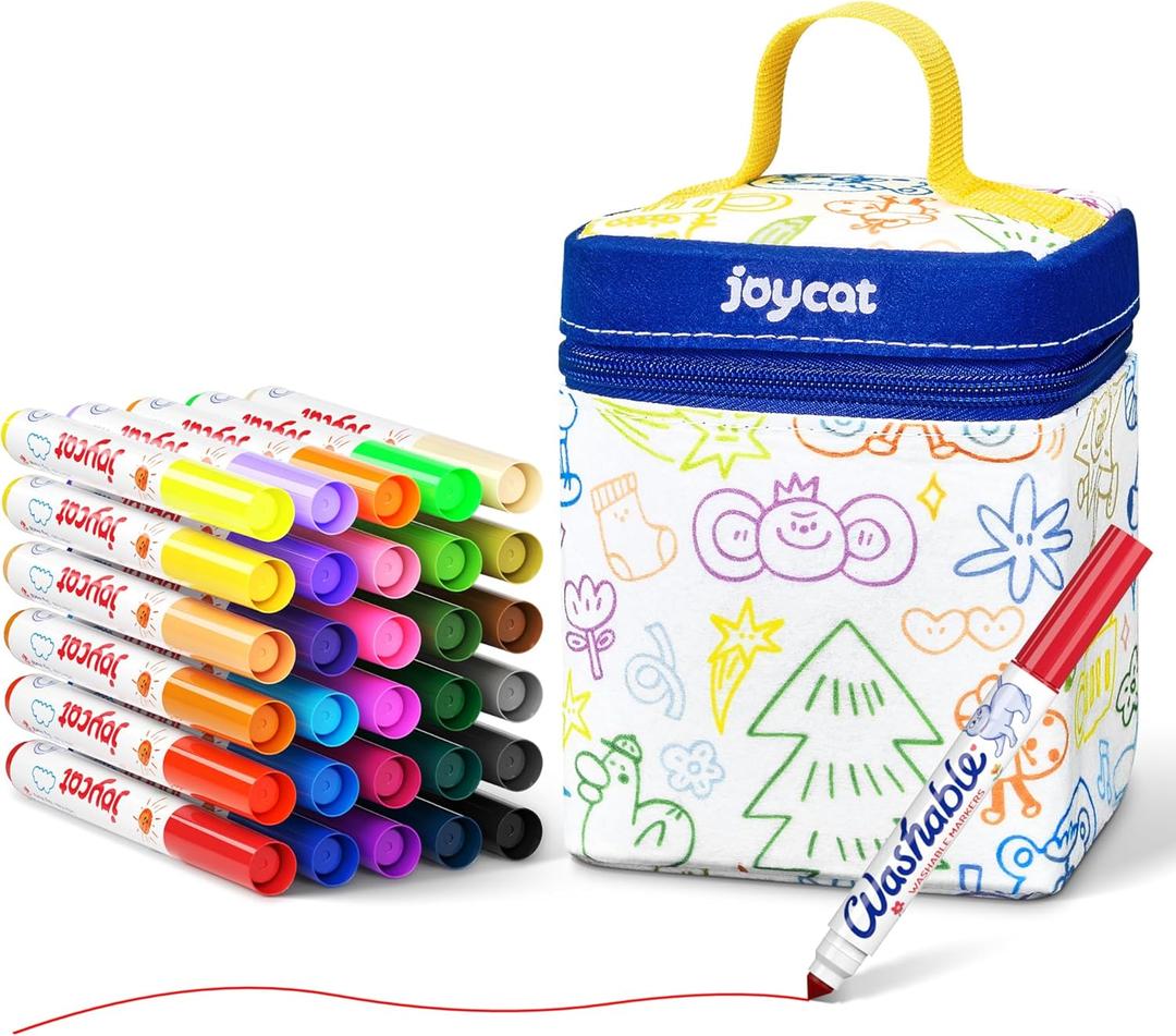 JoyCat 30 Count Washable Markers for Kids, 30 Colors Washable Markers Set with Carrying and DIY Coloring Fabric Storage Bag, Coloring Marker Bulk for Boys Girls Toddler, School Classroom Supplies