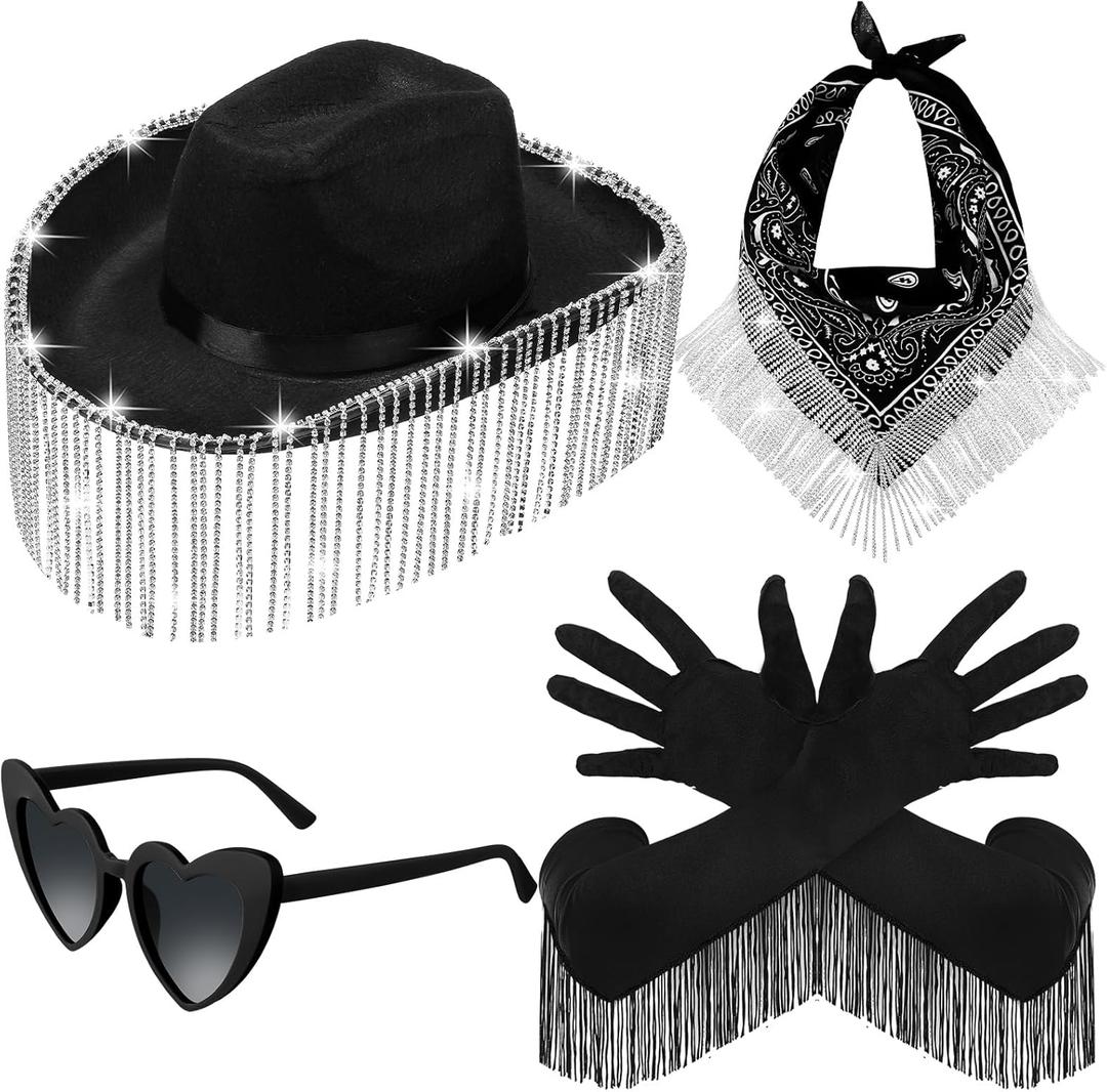 Chuarry 4 Pcs Rhinestone Cowgirl Hat Costume Accessories for Women Cowgirl Hat Sunglasses Bandana Fringe Gloves (Black)