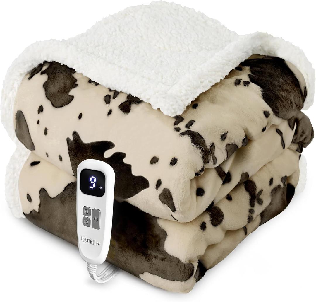 blunique Cow Print Heated Throw Blanket Electric Blanket-Heating Blanket Throw with 10 Heat Levels & 10 Hours Auto-Off, Cozy Soft Fleece Sherpa, Washable, 50 x 60 Inches Cow Print Light Brown (03 - Brown Ombre-beige)