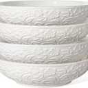 Artena Pasta Bowls 32oz, Ceramic Large Salad Bowls 8 inch, White Embossed Soup Bowl Set of 4 for Serving Entertaining, Wide Shallow Dinner Bowls, Microwave Dishwasher Oven Safe (Flower)