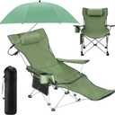 2-in-1 Reclining Camping Chair with 360 Umbrella Folding Lounge Beach Chair with Footrest and Universal Clamp UPF 50+ Adjustable Umbrella Portable Lightweight Seating for Adults Outdoor