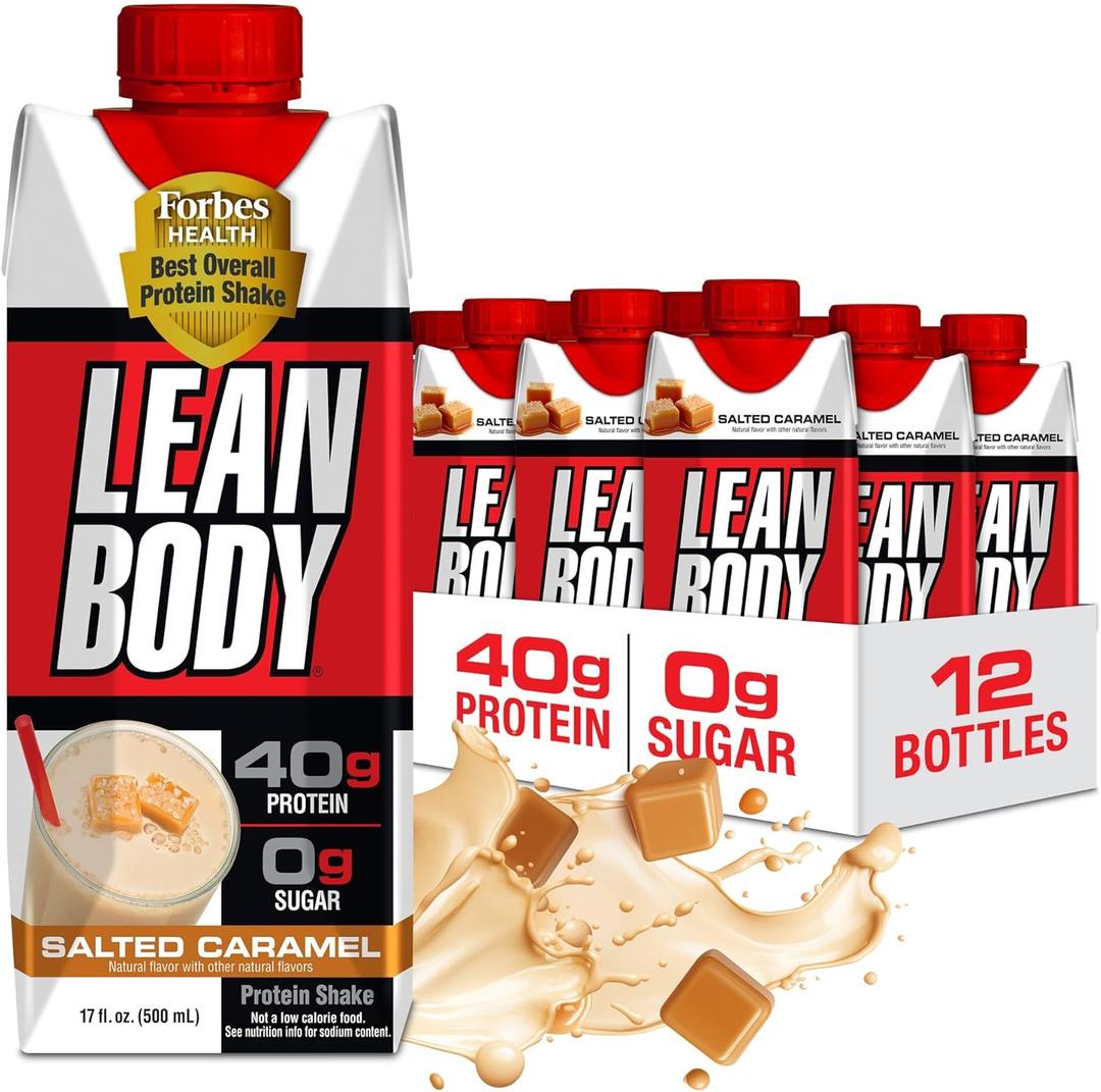 Lean Body Ready-to-Drink Salted Caramel Protein Shake, 40g Protein, Whey Blend, 0 Sugar, Gluten Free, 22 Vitamins & Minerals, 17 Fl Oz (Pack of 12) (EXP 10/16/25)